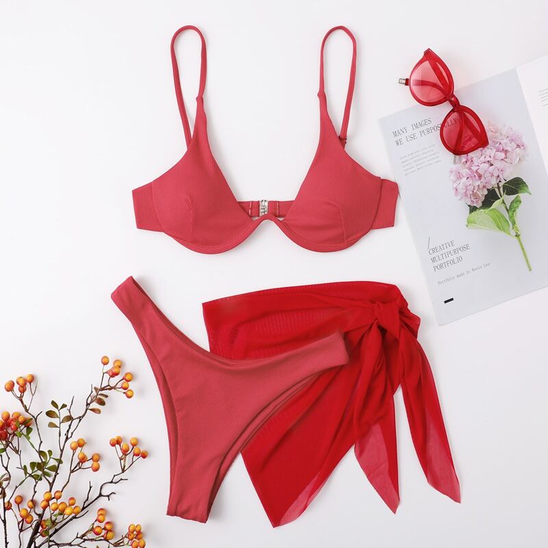 

3pack Underwire Bikini Swimsuit With Cover Up, Red