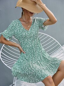 Ditsy Flower Layered Frilled Hem Dress - Green - View 1