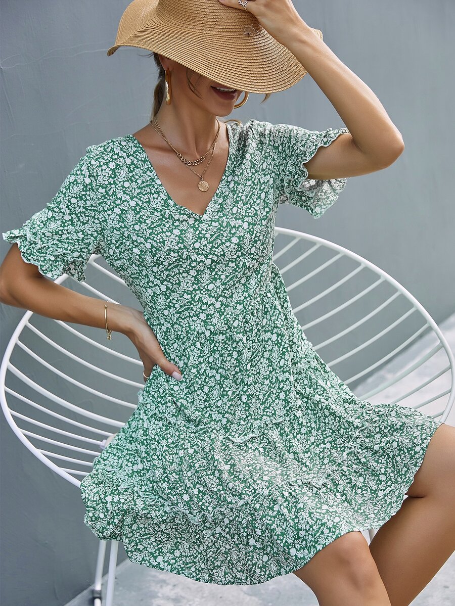 Ditsy Flower Layered Frilled Hem Dress - Green - View 1