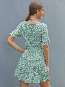 Ditsy Flower Layered Frilled Hem Dress - Green - View 2