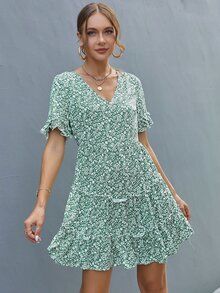 Ditsy Flower Layered Frilled Hem Dress - Green - View 4