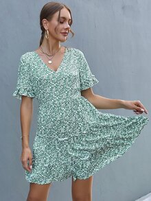 Ditsy Flower Layered Frilled Hem Dress - Green - View 5