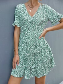 Ditsy Flower Layered Frilled Hem Dress - Green - View 6