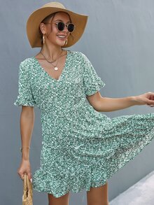 Ditsy Flower Layered Frilled Hem Dress - Green - View 7