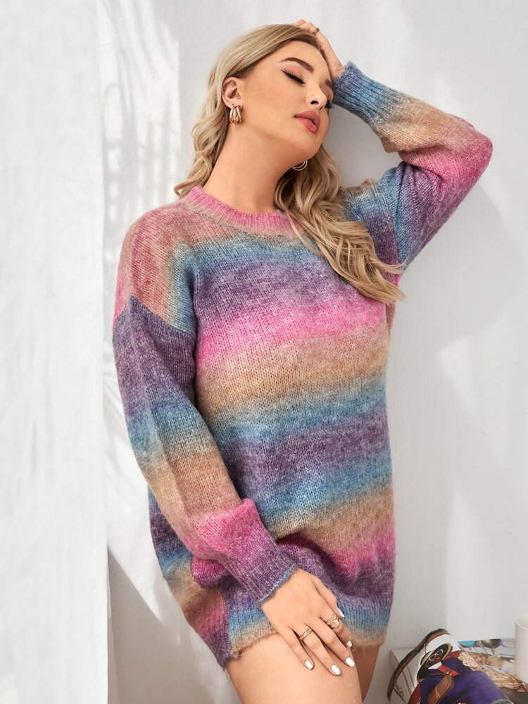Plus Ombre Drop Shoulder Sweater, For Winter Knit Pullover Fall