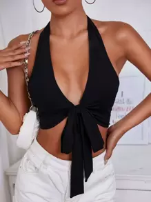 Tie Front Backless Crop Halter Top - Black - View 1