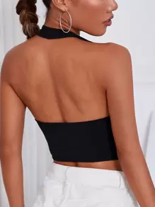 Tie Front Backless Crop Halter Top - Black - View 2