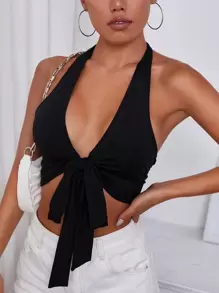 Tie Front Backless Crop Halter Top - Black - View 3