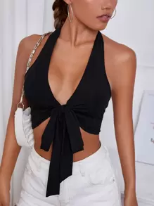 Tie Front Backless Crop Halter Top - Black - View 4