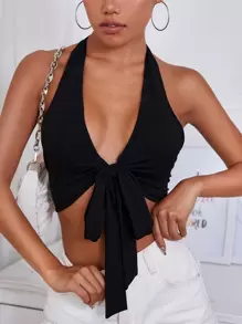 Tie Front Backless Crop Halter Top - Black - View 6