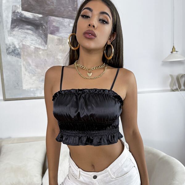

Satin Ruched Ruffle Hem Cami Top, Black