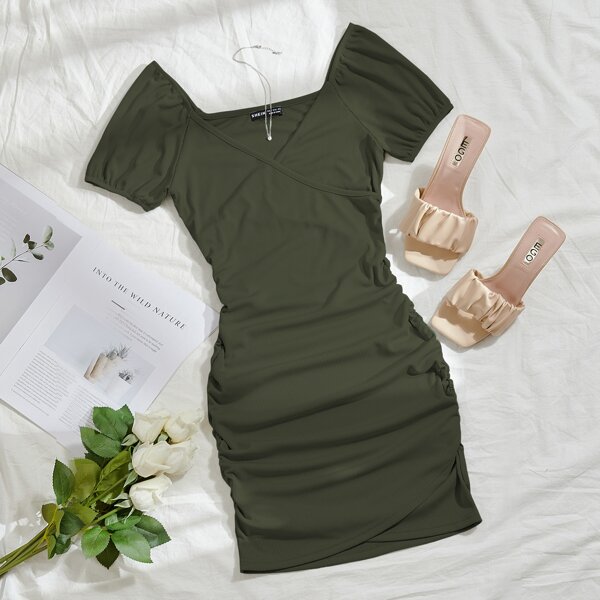 

Scrunch Butt Ribbed Wrap Dress, Army green