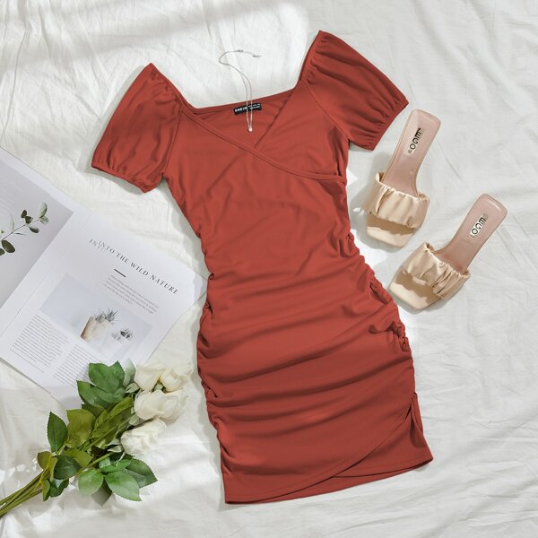 

Petal Hem Ruched Side Mini Dress, Brown
