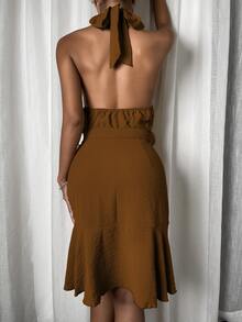 Vestido bajo con fruncido con cinturón de espalda abierta con cordón - Caqui - Ver 2