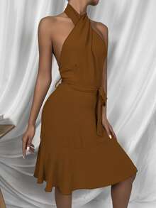 Vestido bajo con fruncido con cinturón de espalda abierta con cordón - Caqui - Ver 4