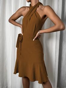 Vestido bajo con fruncido con cinturón de espalda abierta con cordón - Caqui - Ver 5