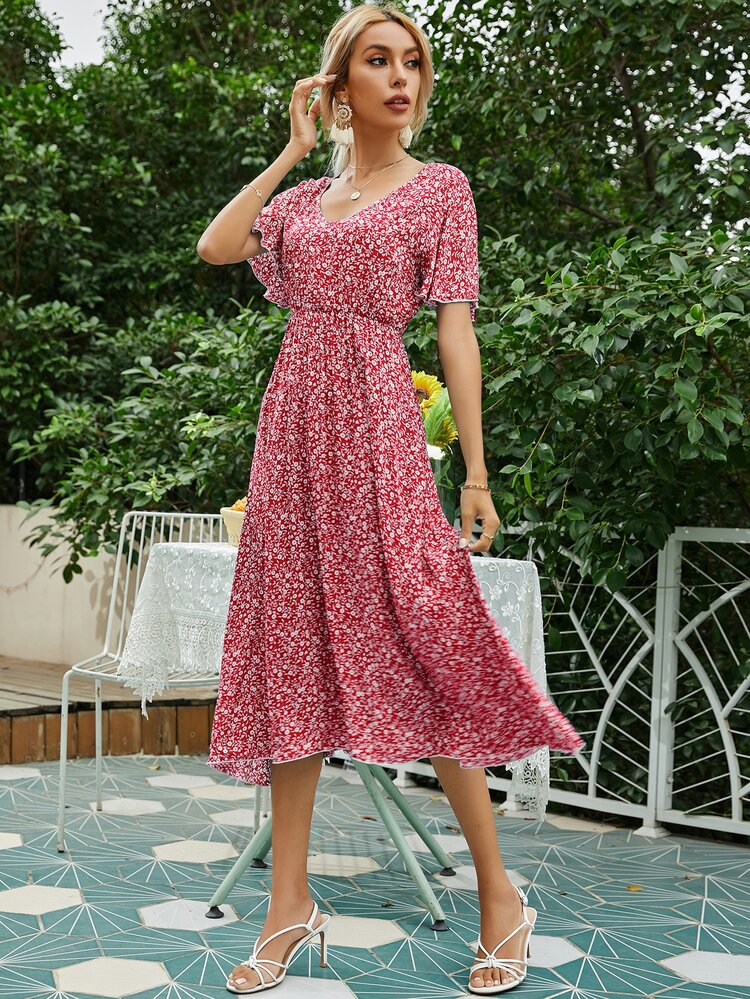 Ditsy Floral Flutter Sleeve A-Line Dress - Red and White - View 1