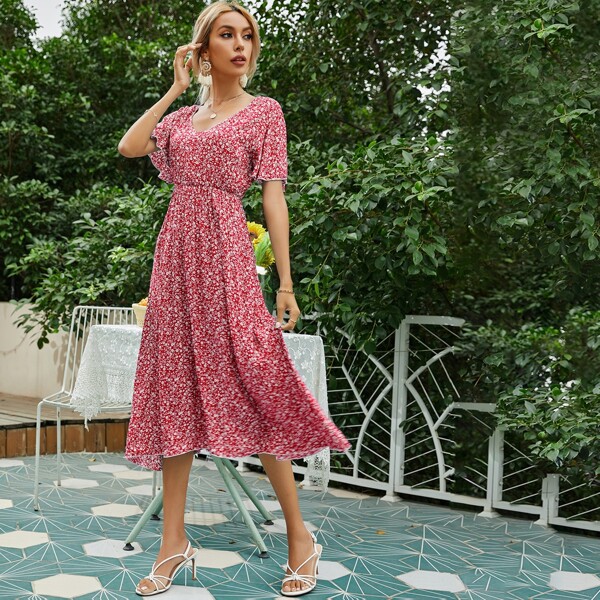 

Ditsy Floral Flutter Sleeve A-Line Dress, Red and white