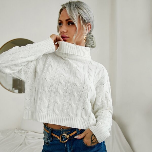 

Turtleneck Drop Shoulder Cable Knit Sweater, Beige