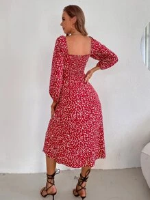 GENKIRA Đầm Tách cao Nếp gấp Phần Ngực Tất cả trên in Boho - Màu Đỏ Sâu - Xem 2