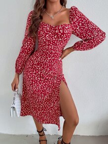 GENKIRA Đầm Tách cao Nếp gấp Phần Ngực Tất cả trên in Boho - Màu Đỏ Sâu - Xem 5