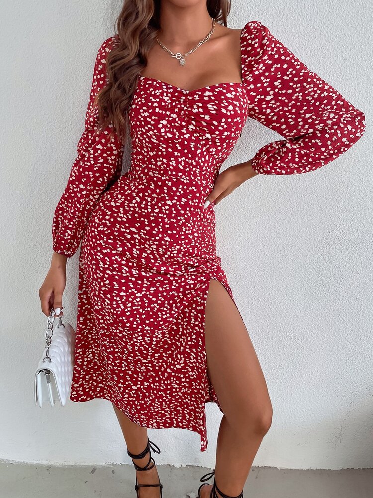 GENKIRA 雞心領口高衩滿版印花洋裝 - 酒紅色 - 查看 5