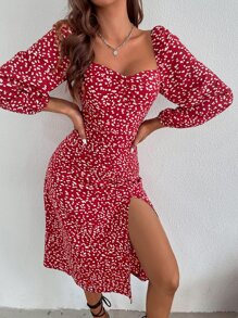 GENKIRA Đầm Tách cao Nếp gấp Phần Ngực Tất cả trên in Boho - Màu Đỏ Sâu - Xem 6