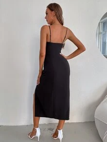 Peekaboo Front Split Thigh Cami Dress - Black - View 2