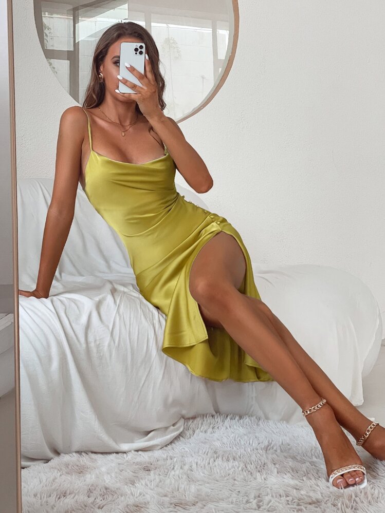 GENKIRA Draped Backless Split Thigh Cami Dress - Yellow - View 6