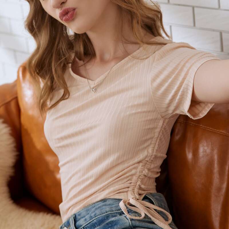 

Drawstring Side Crop Tee, Apricot