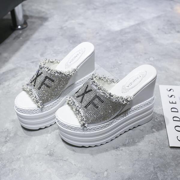 

Letter Graphic Rhinestone Decor Wedge Mules, White