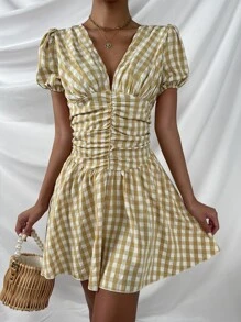 格子泡泡袖褶皺A字洋裝 - 彩色 - 查看 1