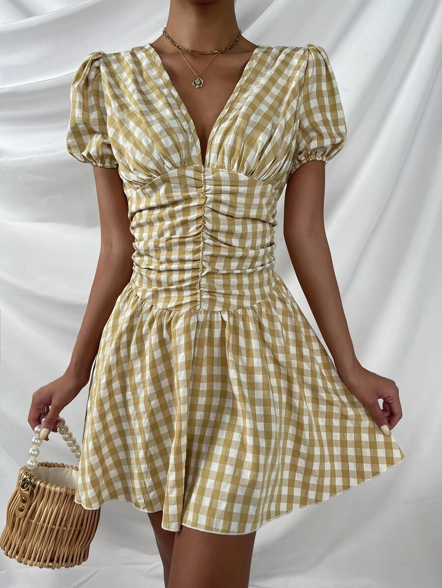 格子泡泡袖褶皺A字洋裝 - 彩色 - 查看 1