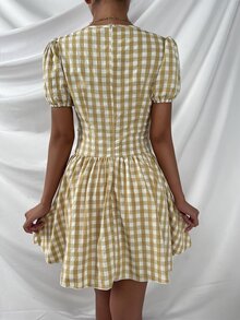 格子泡泡袖褶皺A字洋裝 - 彩色 - 查看 2