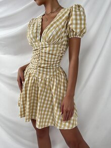 格子泡泡袖褶皺A字洋裝 - 彩色 - 查看 3