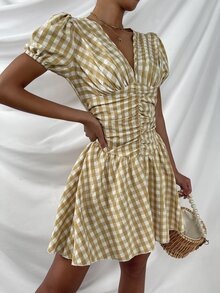 格子泡泡袖褶皺A字洋裝 - 彩色 - 查看 4