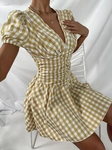 格子泡泡袖褶皺A字洋裝 - 彩色 - 查看 5