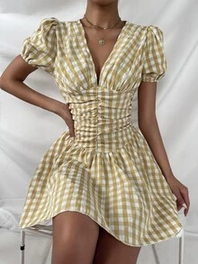 格子泡泡袖褶皺A字洋裝 - 彩色 - 查看 6