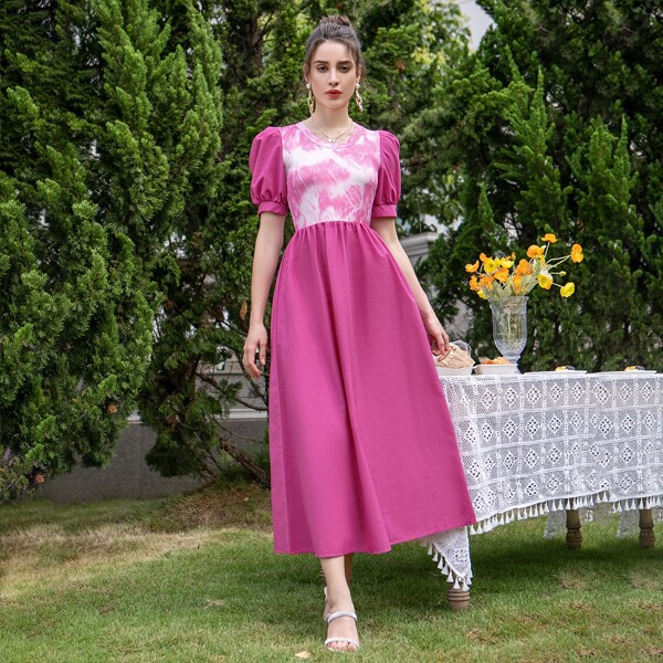 

Tie Dye Puff Sleeve A-line Dress, Hot pink