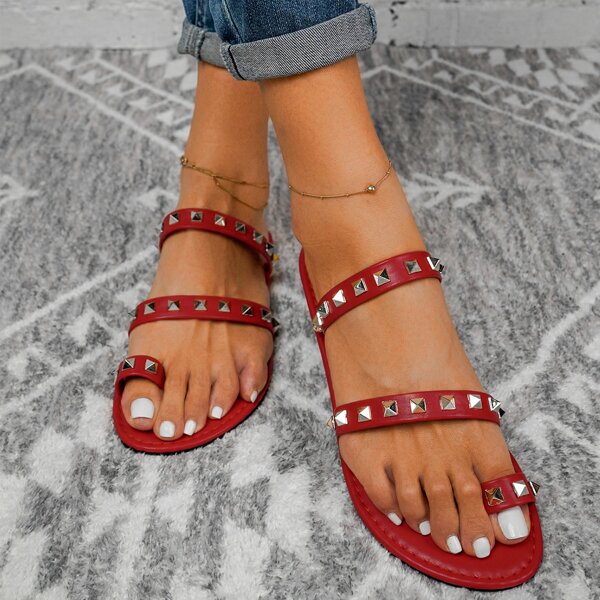 

Studded Decor Strappy Thong Sandals, Red