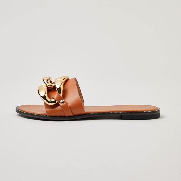 

Chain Decor Slide Sandals, Brown