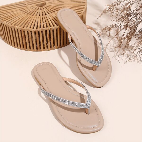 

Rhinestone Decor Thong Sandals, Beige