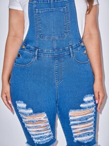 SHEIN Shorts overol mezclilla rotos bajo crudo con parche de bolsillo - Azul lavado medio - Ver 5