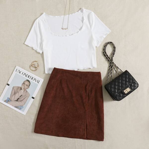 

Plus Scoop Neck Tee & Split Detail Cord Skirt Set, White