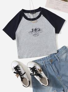 SHEIN EZwear 撞色天使印花T恤 - 淺灰色 - 查看 1