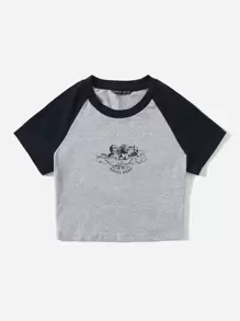 SHEIN EZwear 撞色天使印花T恤 - 淺灰色 - 查看 3