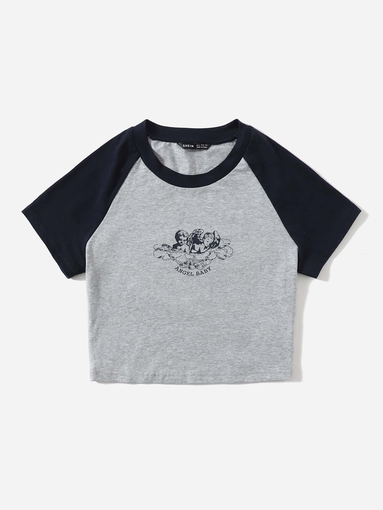 SHEIN EZwear 撞色天使印花T恤 - 淺灰色 - 查看 3