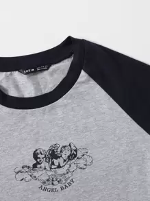 SHEIN EZwear 撞色天使印花T恤 - 淺灰色 - 查看 5