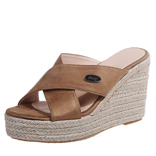 

Cross Strap Espadrille Wedge Mules, Brown