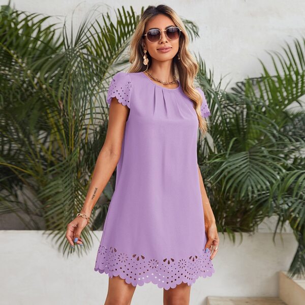 

Puff Sleeve Laser Cut Scallop Edge Dress, Mauve purple